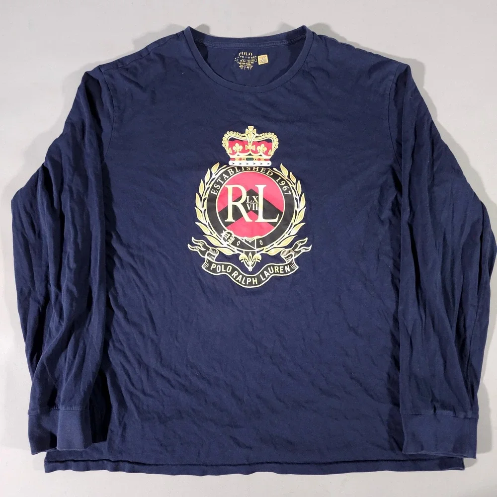 Polo Ralph Lauren T-Shirt Mens XL Navy Blue Crest Graphic Long Sleeve Slim Fit